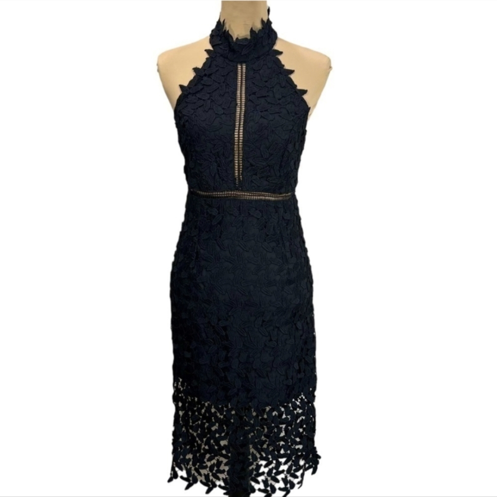 Bardot Revolve Anthro Black Prom Dress Leaf Lace Halter Neck Midi Elegant 6 (S)